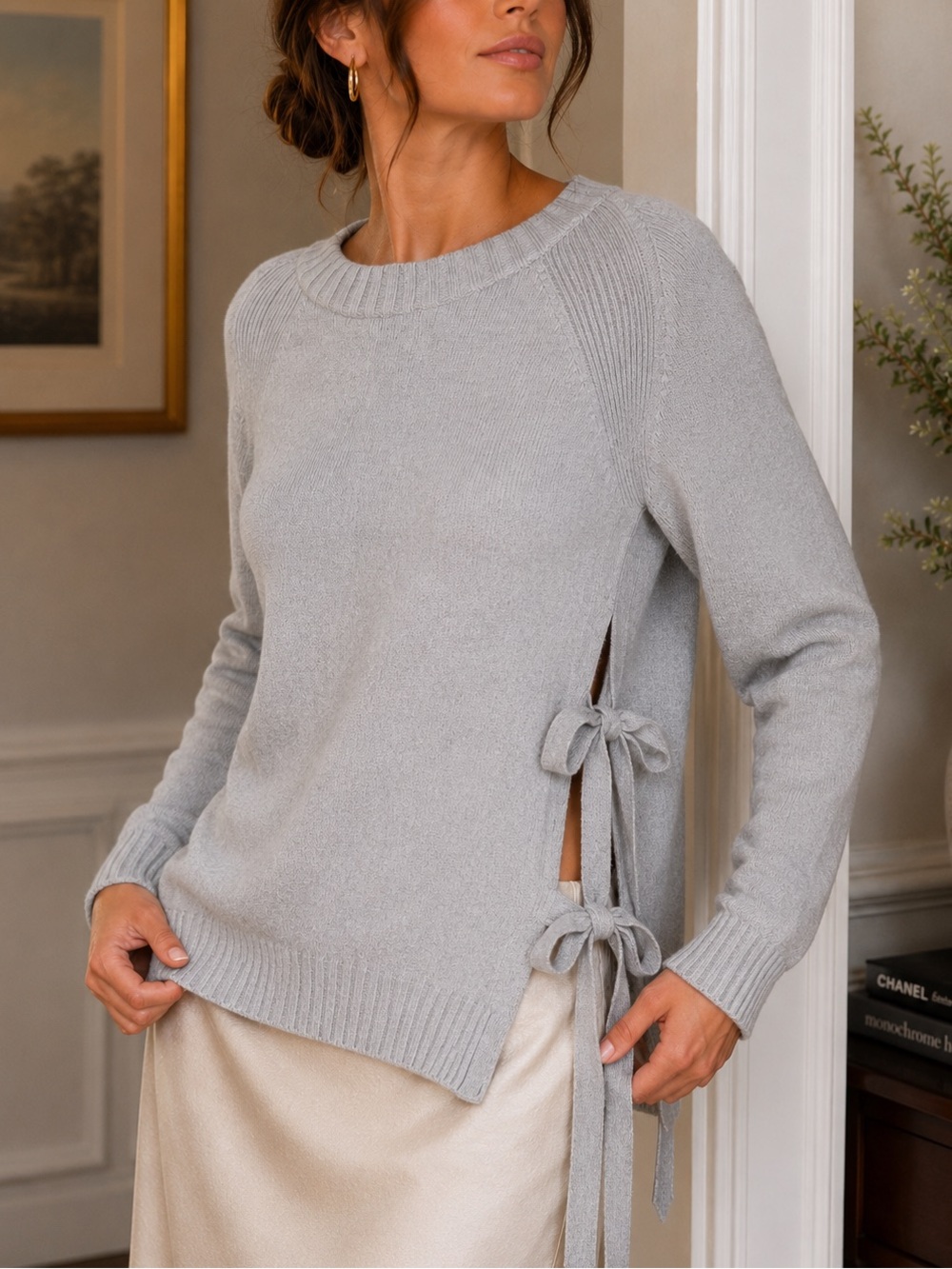Ann Taylor Wool Cashmere Sweater Small Gray Side Tie Bow Quiet Luxury